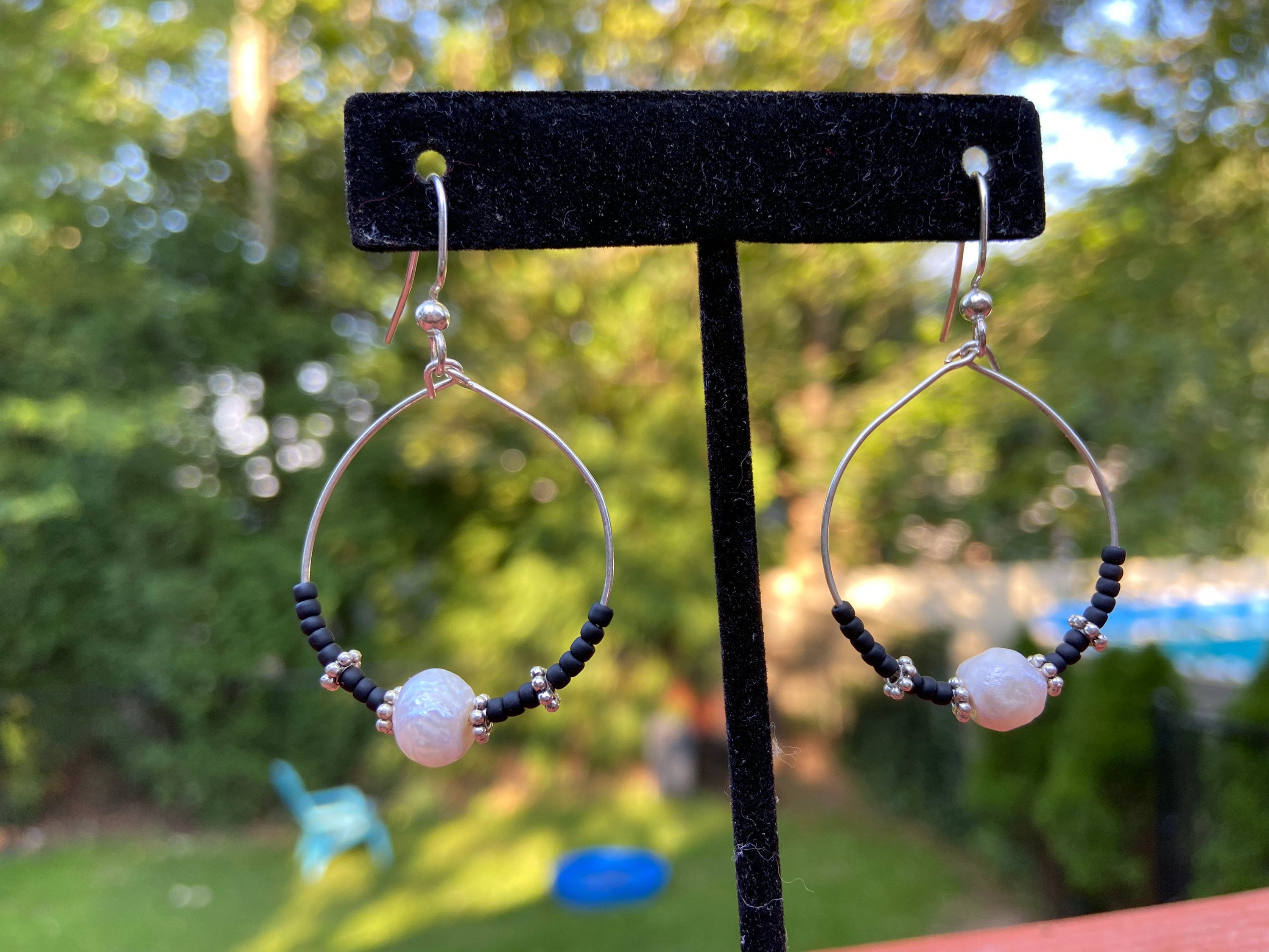 Sterling Silver Drop Hoop Earrings with Mother of Pearl | Etsy