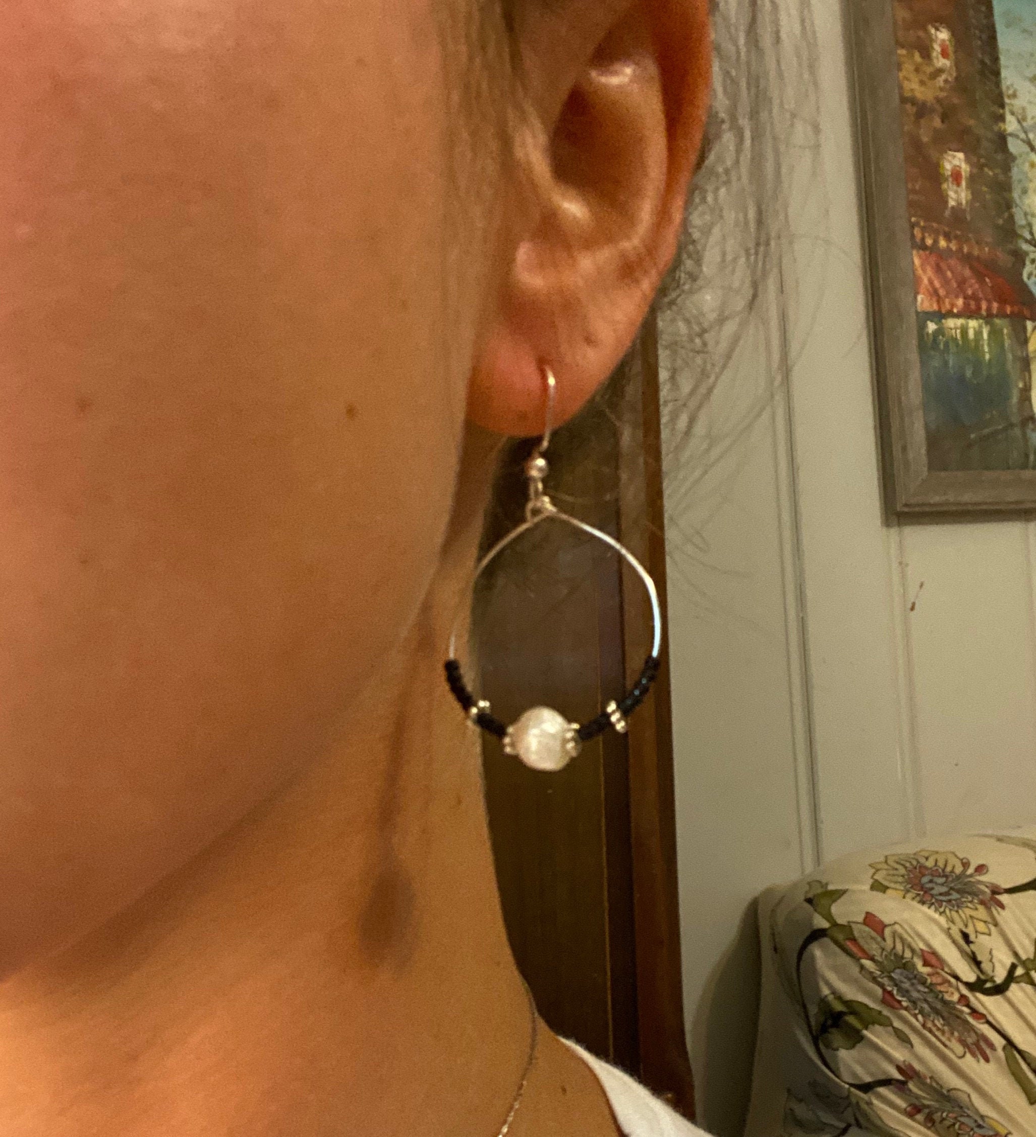 Sterling Silver Drop Hoop Earrings with Mother of Pearl Etsy