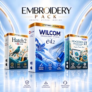 May include: An embroidery software bundle featuring three boxes labelled Hatch 2 by Wilcom, Wilcom Embroidery Studio e4.2, and Brother PE-Design 11. Each box displays a lifetime licence, software features, and icons for Windows and Apple operating systems.