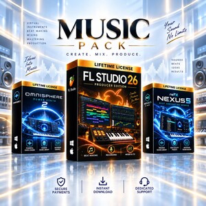 May include: A digital music production software bundle featuring FL Studio 26 Producer Edition, Omnisphere 2, and Nexus 5. The boxes display lifetime licence branding, software interfaces, and icons for beat making, recording, and mixing.