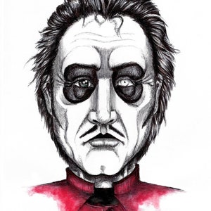 May include: A black and white drawing of a man with a black eye patch and a red clerical collar with blood dripping down the front.