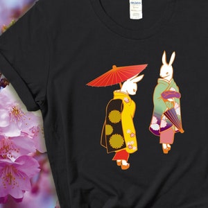 Japanese Bunny Shirt, Rabbits in Kimonos, Japanese Art, Japan Shirt, Rabbit Lover T, Animal Lover Shirt, Asian Shirt, Anthropomorphic Shirt