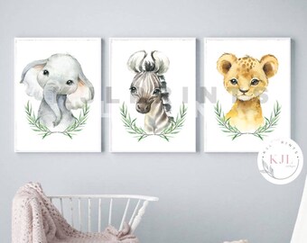 Set of three nursery greenery prints | safari animals | nursery decor |