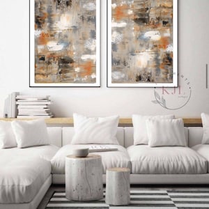 Tan, cream, beige, black, white , orange abstract art wall prints - home decor