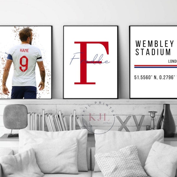 Set aus drei personalisierten England Wanddrucken | Harry Kane | Fußball Drucke