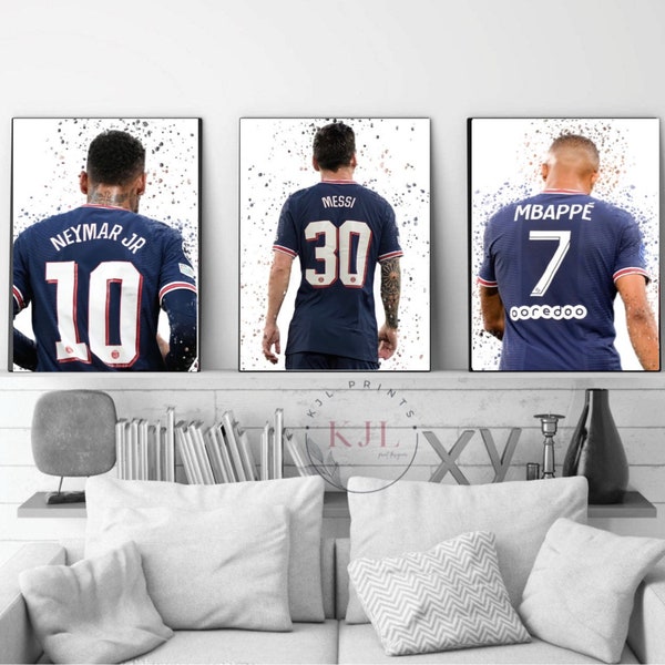 Set of three P S G wall prints | Neymar | Messi | Mbappe | Football Prints