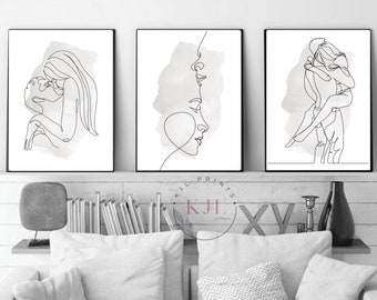 Set Of Three Couple Line Art Prints , Line Drawing , Grey Prints , Couple Prints