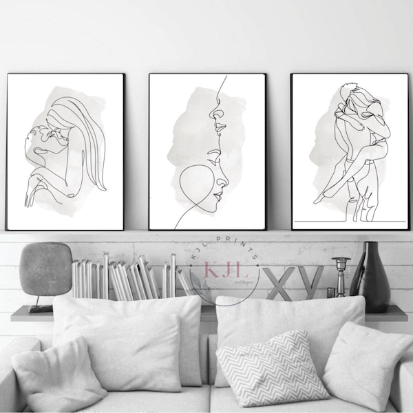 Set Of Three Couple Line Art Prints , Line Drawing , Grey Prints , Couple Prints