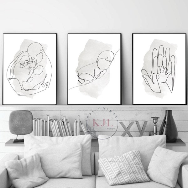 Set Of Three New Baby Prints , Family Prints , Family Of Three Line Art Prints , Grey Prints, Line Drawing