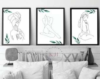 Greenery Weibliche Linie Kunstdrucke: Minimalistische Badezimmer Dekoration, 3er-Set