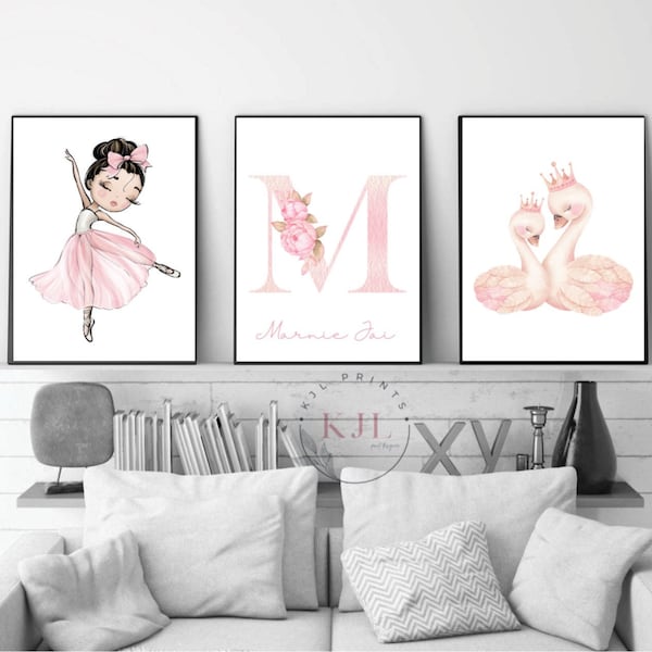 Set of three personalised ballerina swan prints , ballet, swan , nursery decor , floral , girls bedroom prints, wall decor , watercolour