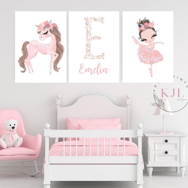 Personalised ballet ballerina wall prints set of three unicorn horse pony pink nursery decor