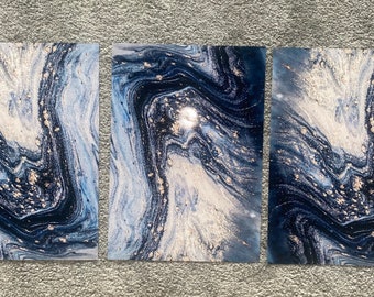 Set of three navy and gold galactic abstract wall prints