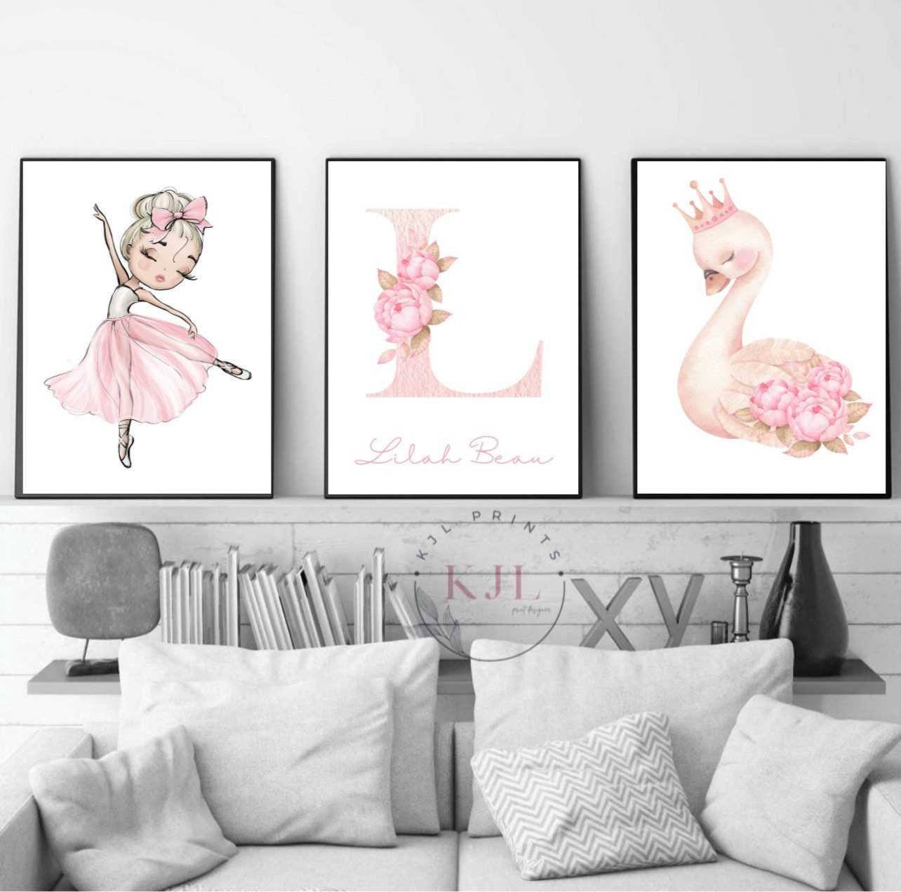 Set of three personalised ballerina swan prints , ballet, swan , nursery decor , floral , girls bedroom prints, wall decor , watercolour