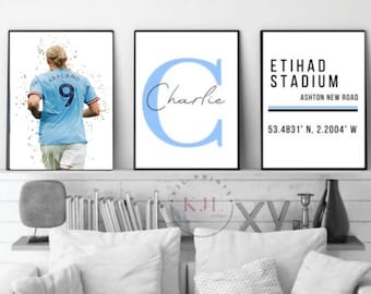 Set of three personalised Manchester wall prints | Haaland | Football Prints |
