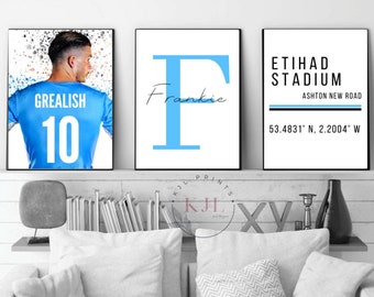 Set of three personalised Manchester wall prints | Jack Grealish | Football Prints |