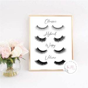 Könnte beinhalten: Ein weißes, druckbares Wandbild mit goldenem Rahmen, das vier verschiedene Arten von Wimpern mit den Wörtern "Classic", "Hybrid", "Wispy" und "Volume" unter jedem Wimpernsatz zeigt. In der rechten unteren Ecke des Bildes befindet sich ein Logo mit dem Text "KJL Prints".