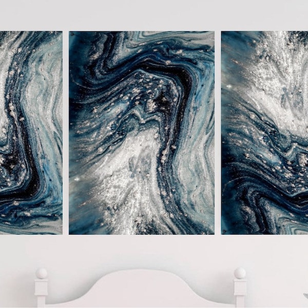 Navy blue and silver set of three abstract wall prints