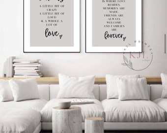 Set of two family, home quotes wall prints - grey - family definition