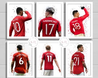 Set of six Manchester wall prints | Casemero | Rashford | Antony | Martinez | Hojlund | Garnacho | Football Prints