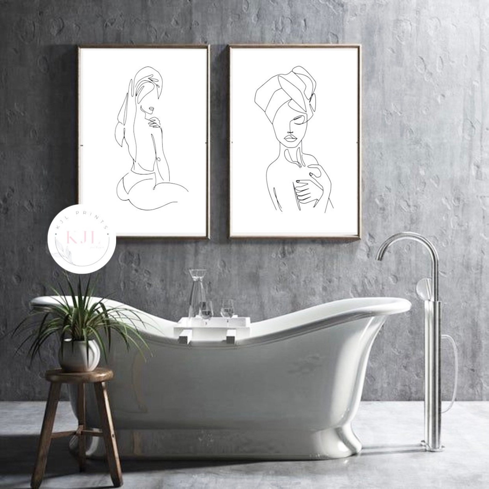 Set of Two Bathroom Female Line Art Drawing Prints - Lady Towel on Head ...