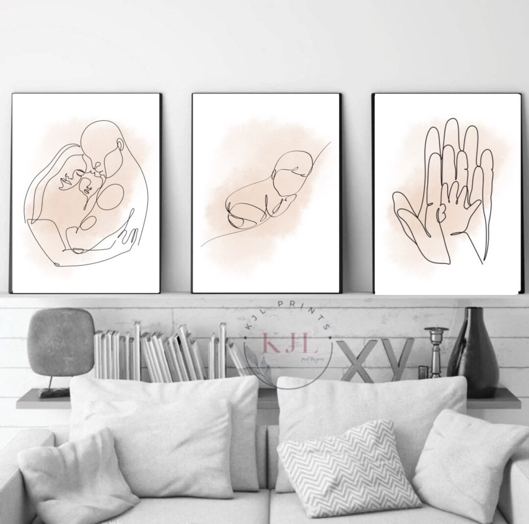 Family Line Art Prints: Set of Three Beige Nursery Decor - Etsy