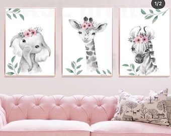 Set of three nursery greenery prints safari baby girl nursery decor