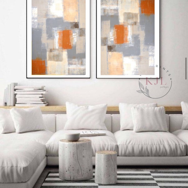 Orange and grey burnt orange abstract art wall prints - home decor