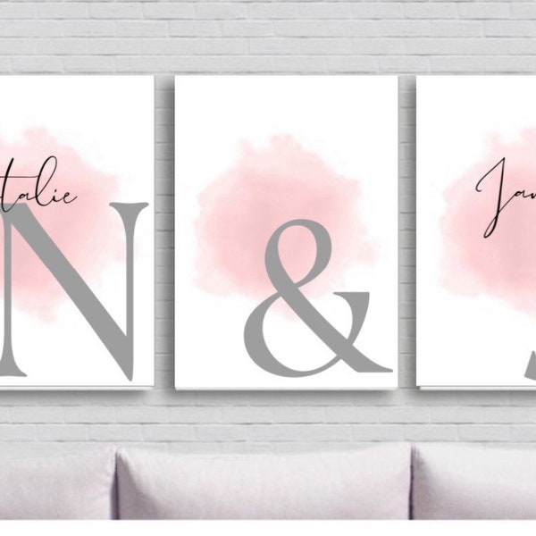 Blush pink and grey set of three personalised prints bedroom room