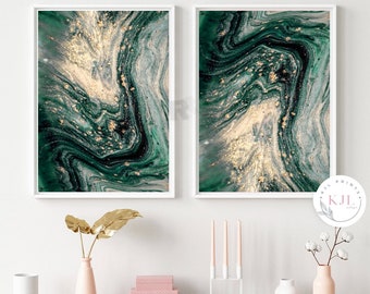 Set of two abstract emerald green and gold wall print . Wall decor