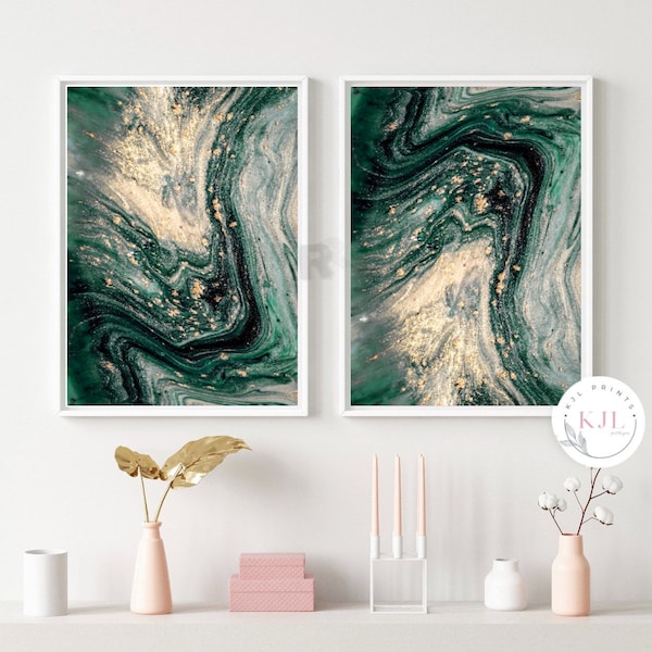 Set of two abstract emerald green and gold wall print . Wall decor
