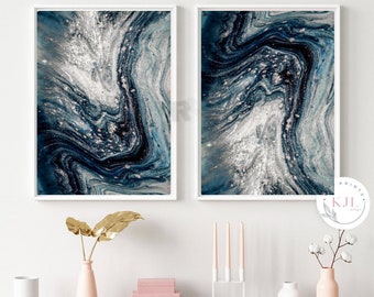 Set of two navy blue and silver abstract wall prints wall decor