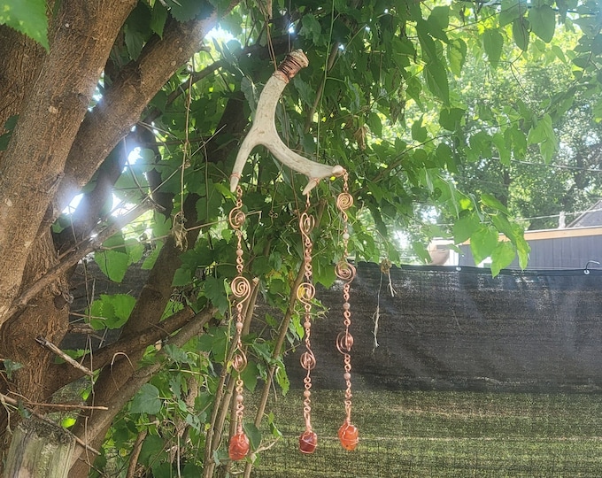 Featured listing image: Carnelian & Sunstone Deer Antler Sun Catcher with Raw Copper Links