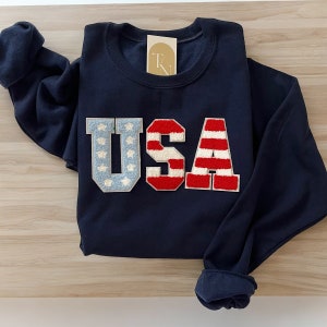 Chenille USA Flag Crewneck Sweatshirt, 4th of July Outfit