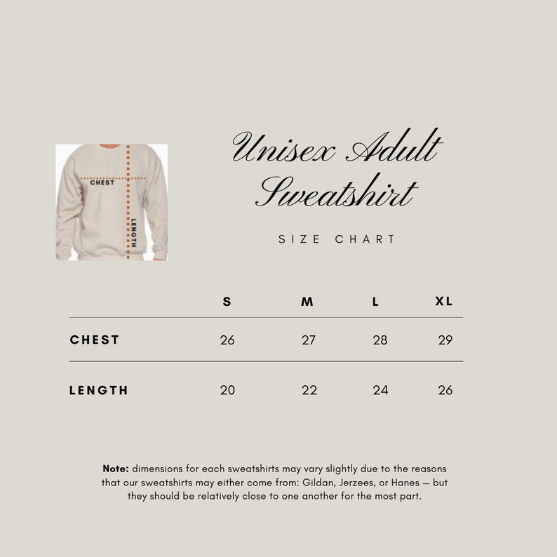 Puede incluir: Tabla de tallas para sudadera unisex para adultos con medidas en pulgadas para el pecho y la longitud. Las tallas incluyen S, M, L y XL.