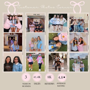 May include: A collage of photos featuring people wearing shirts with the words "Big" and "Little" on them. The photos show groups of friends, sorority sisters, and couples. The text "Customer Photos Corner" is at the top of the collage. The collage also includes the text "PHI MU", "3 Years in Business", "41.4K Sales", "8K Reviews", and "4.8 Average Rating".