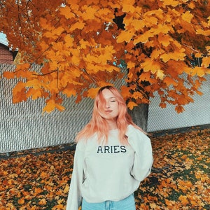 May include: A woman with pink hair is standing in front of a chain link fence with fall leaves on the ground. She is wearing a white sweatshirt with the word "ARIES" printed on it.