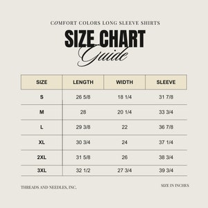 May include: Size chart for long sleeve shirts with measurements in inches for sizes S to 3XL. The chart shows length, width, and sleeve measurements for each size.