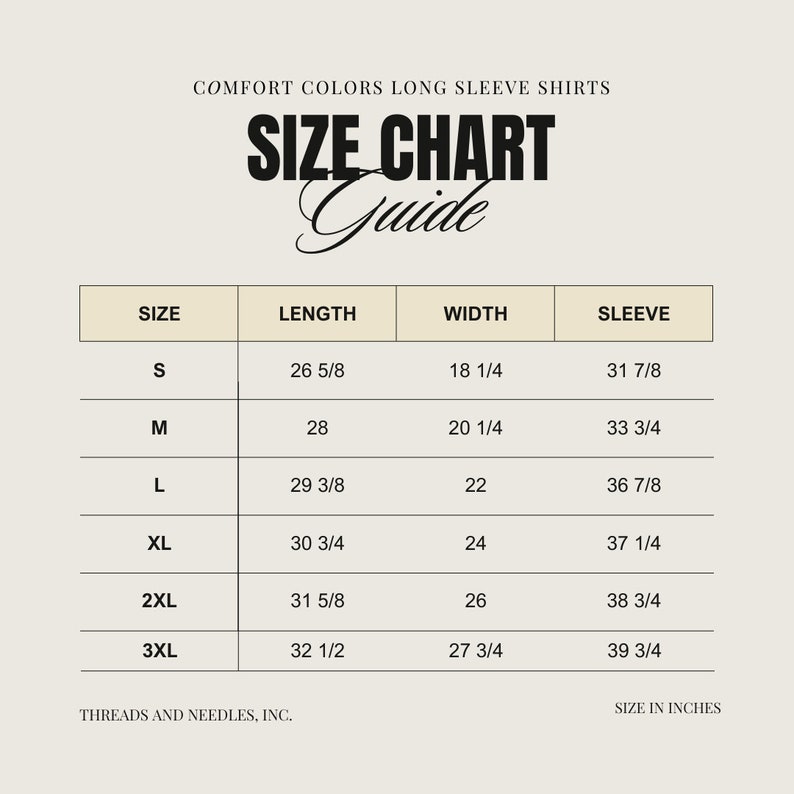 May include: Size chart for long sleeve shirts with measurements in inches for sizes S to 3XL. The chart shows length, width, and sleeve measurements for each size.