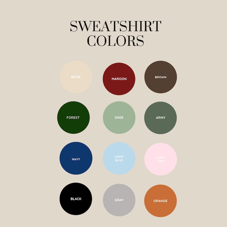 Op de afbeelding: Een kleurenkaart met 12 verschillende kleuren voor sweatshirts. De kleuren zijn beige, donkerrood, bruin, bosgroen, saliegroen, legergroen, donkerblauw, lichtblauw, lichtroze, zwart, grijs en oranje.