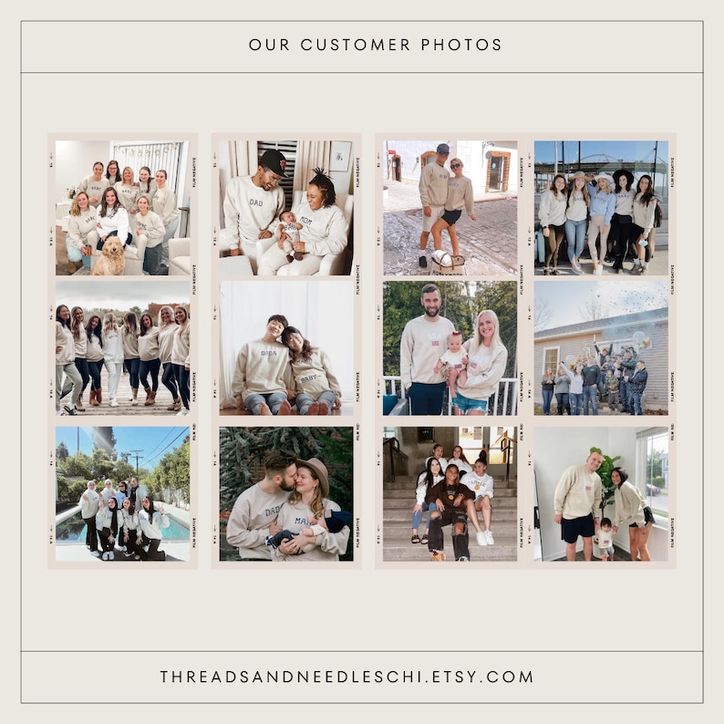 May include: A collage of photos showcasing people wearing custom-designed sweatshirts with different text and designs. The sweatshirts come in a range of colours, including beige, white, and grey. The photos depict families, couples, and groups of friends wearing the sweatshirts in various settings, such as parks, homes, and streets. The text on the sweatshirts includes "DAD", "MOM", "BABY", and other personalised messages.