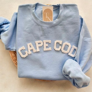 Può includere: Una felpa azzurra con la scritta "CAPE COD" in lettere bianche. La felpa è piegata su un tappetino intrecciato. Una piccola etichetta è infilata nel colletto.