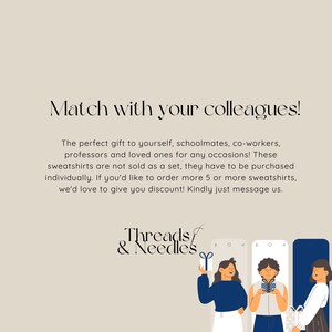 Op de afbeelding: Illustratie van drie mensen die elkaar cadeaus geven. De tekst luidt "Match with your colleagues!" en "Threads & Needles".