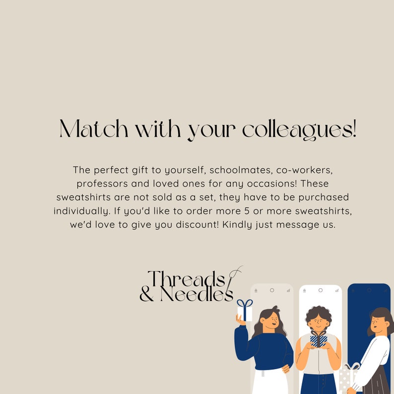 Op de afbeelding: Illustratie van drie mensen die elkaar cadeaus geven. De tekst luidt "Match with your colleagues!" en "Threads & Needles".