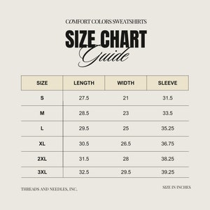K&ouml;nnte beinhalten: Gr&ouml;&szlig;entabelle f&uuml;r Sweatshirts mit Ma&szlig;en in Zoll f&uuml;r L&auml;nge, Breite und &Auml;rmel. Die Gr&ouml;&szlig;en umfassen S, M, L, XL, 2XL und 3XL. Die Tabelle tr&auml;gt den Titel "Comfort Colors Sweatshirts Gr&ouml;&szlig;entabelle Guide".