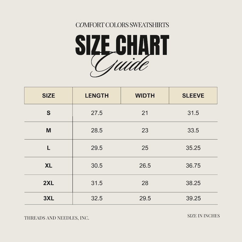 K&ouml;nnte beinhalten: Gr&ouml;&szlig;entabelle f&uuml;r Sweatshirts mit Ma&szlig;en in Zoll f&uuml;r L&auml;nge, Breite und &Auml;rmel. Die Gr&ouml;&szlig;en umfassen S, M, L, XL, 2XL und 3XL. Die Tabelle tr&auml;gt den Titel "Comfort Colors Sweatshirts Gr&ouml;&szlig;entabelle Guide".