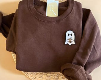 Ghost with Coffee Sweatshirt, Cute Ghost Sweatshirt, Halloween Sweatshirt, Halloween Crewneck, Fall Coffee Sweatshirt, Fall Sweatshirts