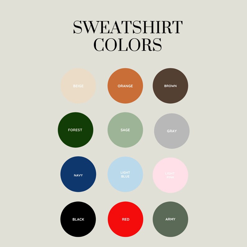 Puede incluir: Una tabla de colores que muestra 12 colores diferentes de sudaderas. Los colores son beige, naranja, marr&oacute;n, verde bosque, verde salvia, gris, azul marino, azul claro, rosa claro, negro, rojo y verde militar.