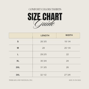 May include: Size chart for t-shirts with measurements in inches. The chart shows the length and width of t-shirts in sizes S, M, L, XL, 2XL, and 3XL.