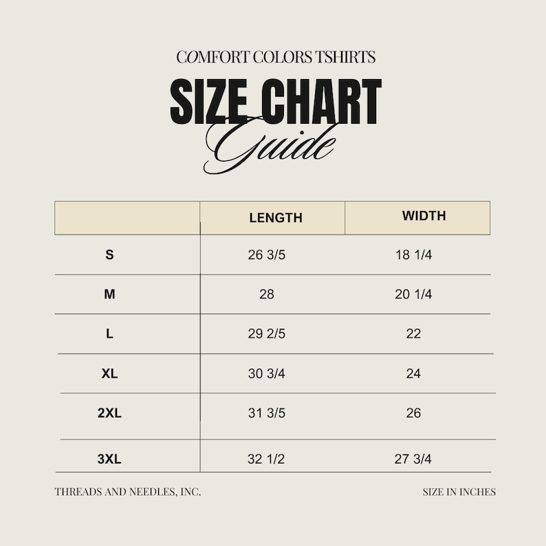 May include: Size chart for t-shirts with measurements in inches. The chart shows the length and width of t-shirts in sizes S, M, L, XL, 2XL, and 3XL.